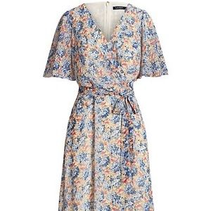 Ralph Lauren Georgette Floral Belted Midi Dress Women's Size 6 Blue Black Label